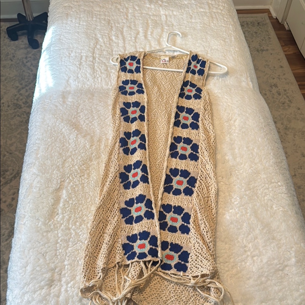 Crochet Vest with Blue and Red Floral Pattern